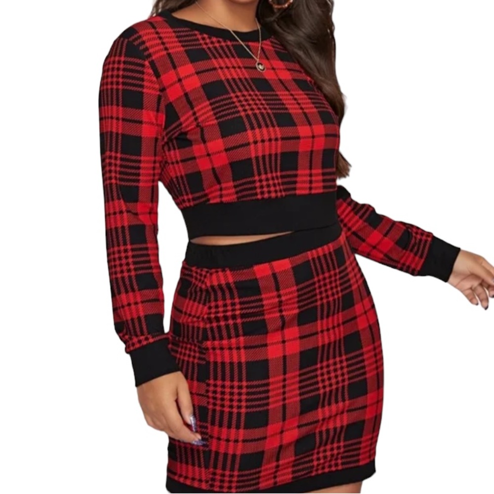 Women's Contrast Trim Plaid Top &
Skirt Co-Ord Set Black & Red "Plus Size" 2XL